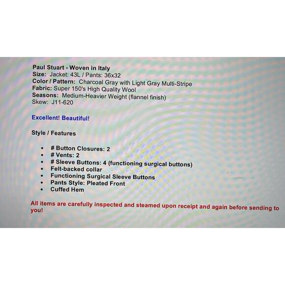 Paul Stuart 43L 36x32 Gray Multi-Stripe Flannel 2 Piece Suit Super 150s - Picture 2 of 16